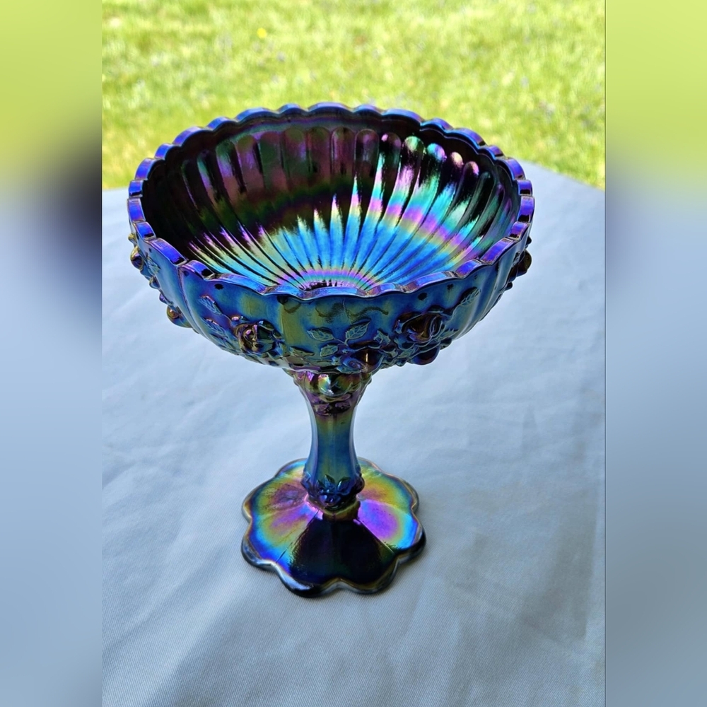 Vintage Fenton Carnival Glass Pedestal Blue Amethyst Cabbage Rose Compote Vase